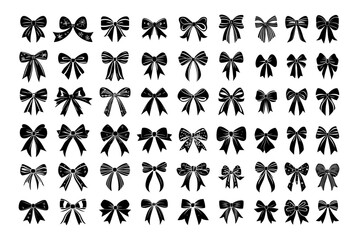 Black decorative bows icons. Favor wrapping gift ribbon, christmas xmas anniversary day packaging tape decor strip band lace accessory, isolated vector on white backdrop