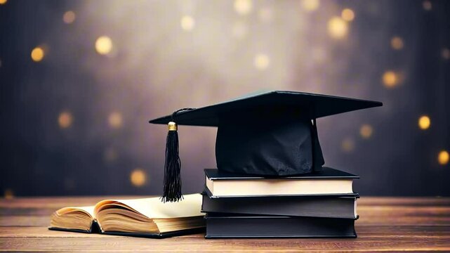 Education knowledge learning study abroad international Ideas. Graduation celebrating hat on old textbook stack piles of literature on wooden table on blurred background, Alternative studying world wi