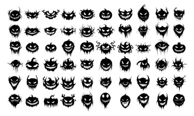 Obraz premium Black ink halloween pumpkin faces icons. Scary vegetable heads, grinning evil ghost emotion with angry eyes, tiny horror monster simple avatars, isolated vector on white background