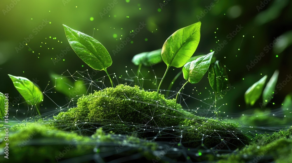 Poster high-tech green wireframe network in 3d space, symbolizing eco-friendly future