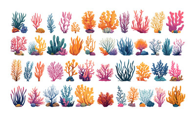 Cartoon corals seaweed. Ocean tropical plants sea underwater stone rocks reef polyps animals, marine fauna algae and flora, isolated vector illustration on white background