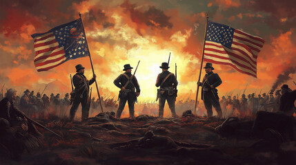 Battle of Gettysburg Soldiers Charging with American and Confederate Flags