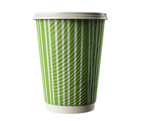 Bright green striped cup for drinks, ideal for beverages on the go on a transparent background, cut out