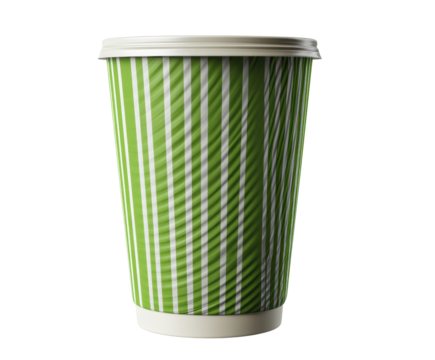 Bright green striped cup for drinks, ideal for beverages on the go on a transparent background, cut out