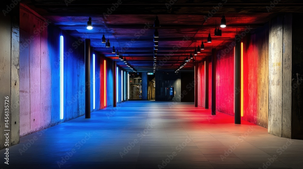 Poster high-tech abstract corridor with red and blue neon lights in parallel motion