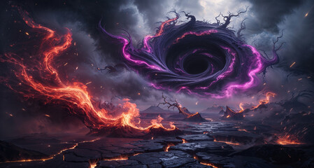 Dark fantasy background with fiery tendrils and shadowy void swirling in glowing elemental chaos