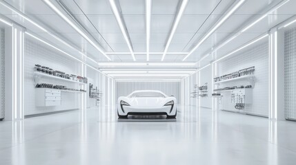 Sleek white sports car showcased in a modern, well-lit garage with futuristic design elements
