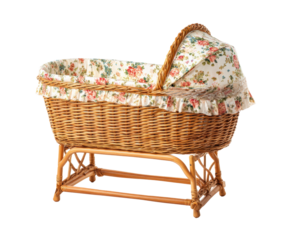 Vintage baby bassinet with floral design for nursery decoration on a transparent background, cut out