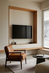 A modern living room interior with white and wooden built-in tv cabinet.