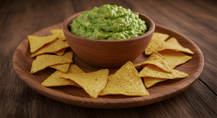 Delicious Guacamole With Tortilla Chips On Rustic Wooden Plate