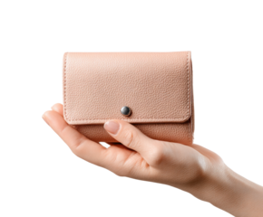 Hand holding a stylish pink wallet in casual setting on a transparent background, cut out