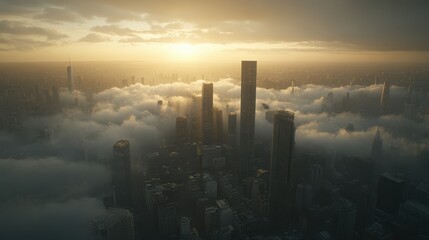 Fototapeta premium Metropolis shrouded in mist golden hour aerial view of a futuristic cityscape urban skyline emerging from fog atmospheric urbanism