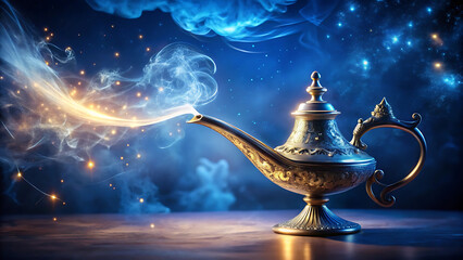 Genie emerging from magic wish lamp fantasy imagination theme