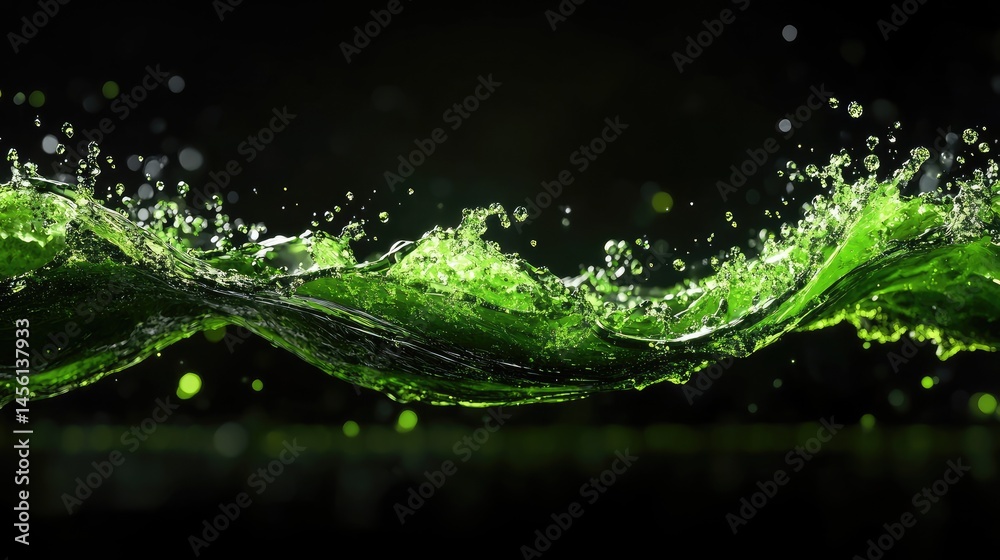 Poster green energy wave pattern flowing through 3d digital lines and nodes, computer-generated