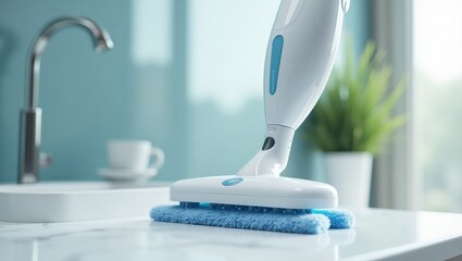 Modern mop. Cleaning tool. Floor maintenance. Eco-friendly design. Home interior. Household chore. Kitchen background. Domestic workspace. Office cleaning. Daily routine. Bright lighting. Minimalist 