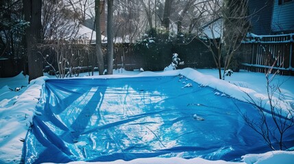 Winter slumber: Snow-covered pool, dormant beneath a cerulean tarp awaiting summer