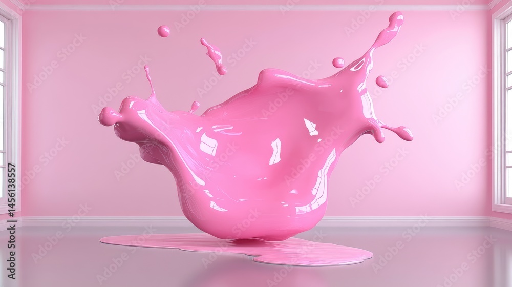 Poster glossy paint blob levitating in empty room, surreal liquid geometry, abstract visual concept