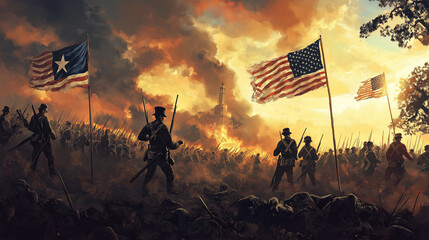 Battle of Gettysburg Soldiers Charging with American and Confederate Flags