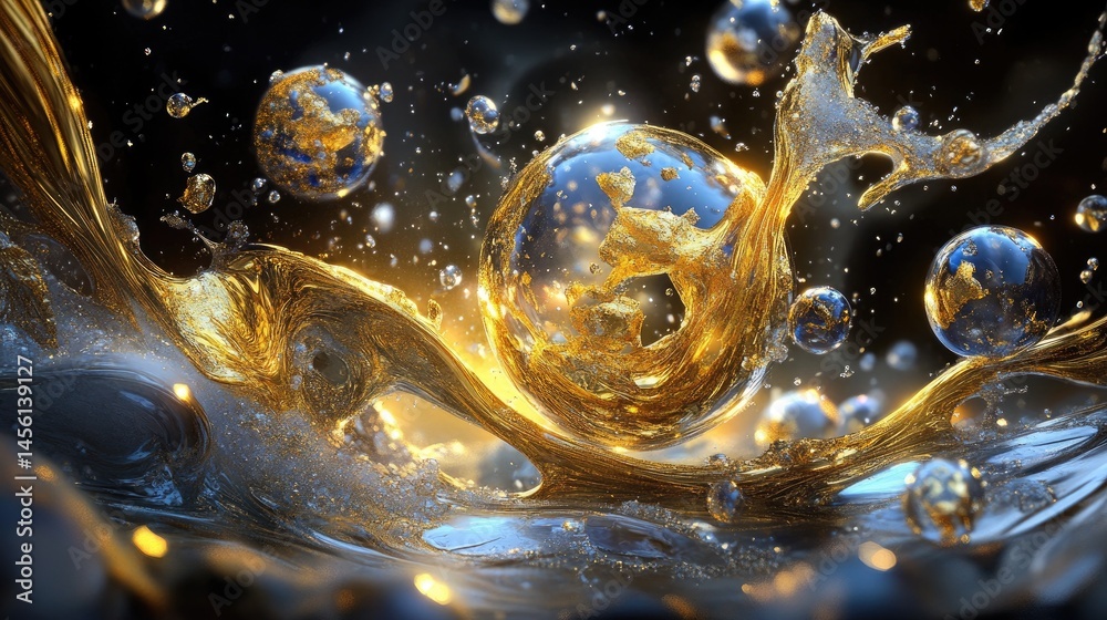 Poster glimmering fractal design with abstract gold foil, fantasy bubbles and digital shimmer