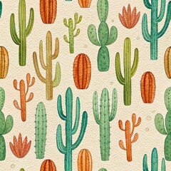 Watercolor Desert Dreams Seamless Pattern, Sage Green Cacti and Terracotta Accents on Sandy Textures, Bohemian Southwest Landscape with Earthy Tones