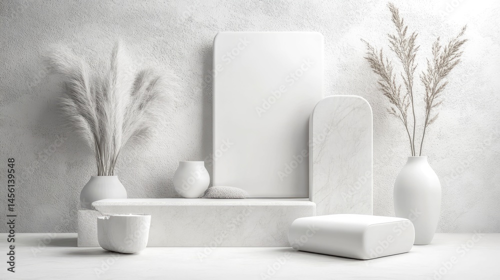 Poster geometric white 3d rendering with soft tones and modern podium in a minimalist style