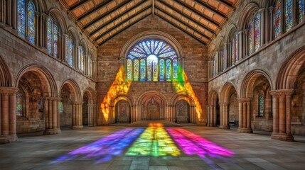 Obraz premium Interior view majestic old church building stained glass windows rainbow light reflection architectural marvel ancient spiritual heritage