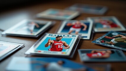 Sports trading. Cards closeup. Red uniform. Adult African-American. Collectible hobby. Background use. Digital graphics. Market trends. Passion symbol. Studio shot. Vibrant colors. Competitive theme.