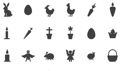 Black Easter Icons Set Bunny, Egg, Cross, Basket & Spring Elements