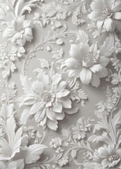 Crisp white floral damask, delicate blossoms and scrolls , surface, textile