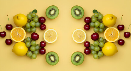 Vibrant Fruit Medley Creative Arrangement on Sunny Yellow Background