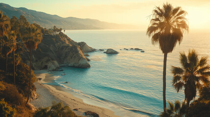 Sun-drenched beach, turquoise sea, golden hour, palm trees swaying.  Space for text. Ideal for travel, nature, and summer-themed visuals. Generative AI.