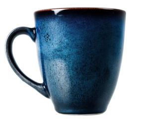 Elegant blue ceramic mug for coffee or tea enjoyment on a transparent background, cut out
