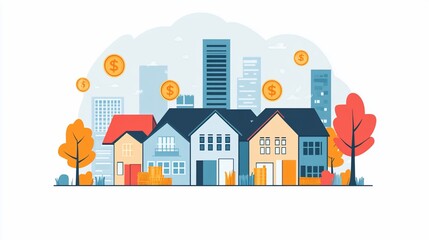 Fototapeta premium Illustrative Real Estate Investments with Cityscape and Autumnal Ambiance