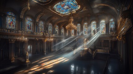 Obraz premium Interior view of luxurious hall with sunlight rays and decorated windows for commercial or personal use in high resolution quality