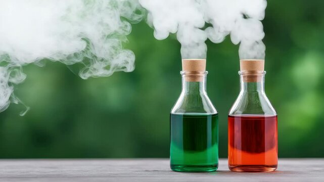 Two colorful potion bottles with smoke rising, set against a vibrant green background, perfect for fantasy or experiment themes.
