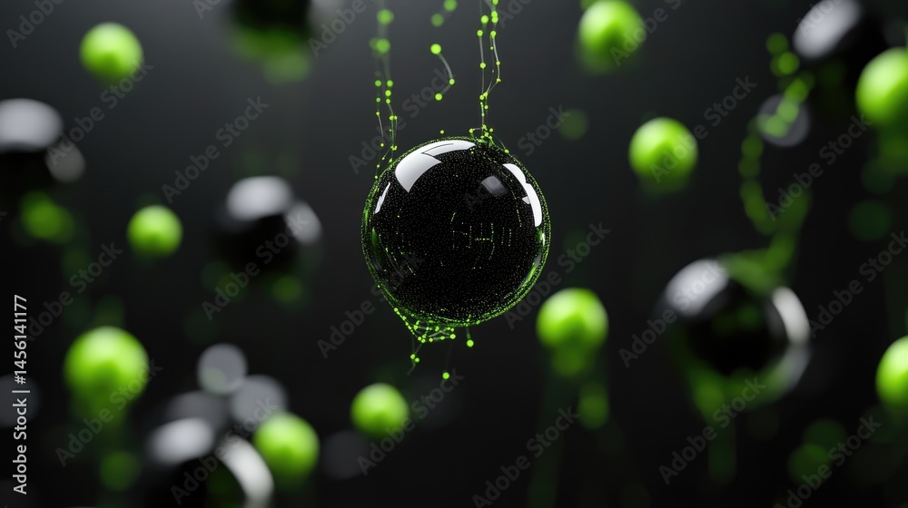 Poster floating tech spheres connected by glowing green strands, abstract 3d system