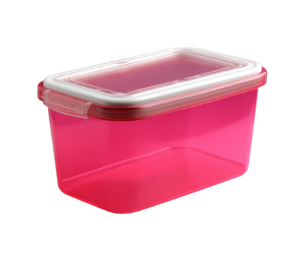 Clear storage container with pink lid for organizing supplies and food on a transparent background, cut out