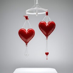 Abstract heart shapes suspended from a structure evoking medical apparatus