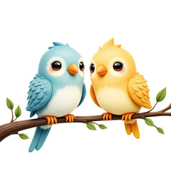 "Cartoon Blue and Yellow Birds on Branch, Transparent Background"