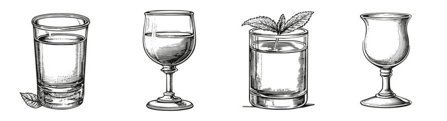 Hand-Drawn Illustrations of Various Drinking Glasses and Beverages, Logo Design, Hand drawing Engraving, Vector Illustration Isolated Object