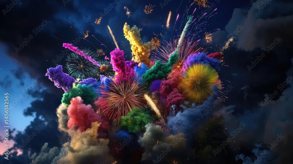 Poster exploding multicolored fireworks with glittering sparks on a deep navy blue sky, celebration theme