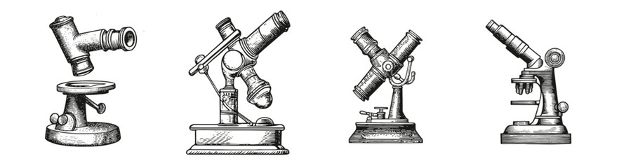 Vintage Microscope Illustrations for Scientific Art and Education, Logo Design, Hand drawing Engraving, Vector Illustration Isolated Object