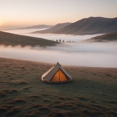 Tranquil camping getaway: Illuminated tent amidst a foggy valley at sunrise