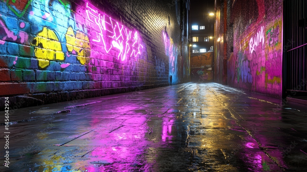 Poster Empty alleyway with glowing neon lines projected on wall and wet floor shimmering