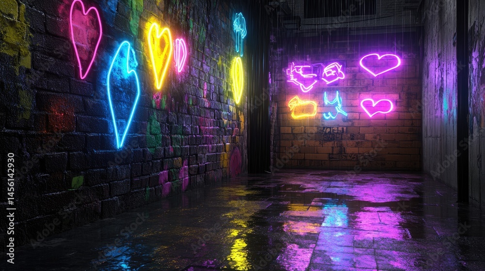 Poster empty alleyway with glowing neon lines projected on wall and wet floor shimmering