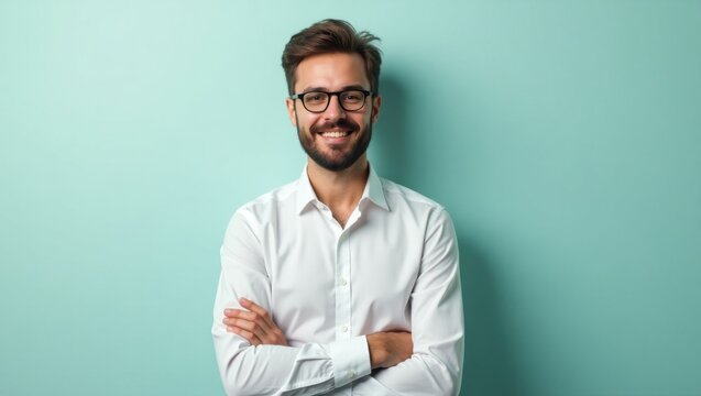 Smiling man. Caucasian young. White shirt. Studio portrait. Light teal background. Casual style. Friendly mood. Business use. Marketing asset. Social media. Professional profile. Image captioning.