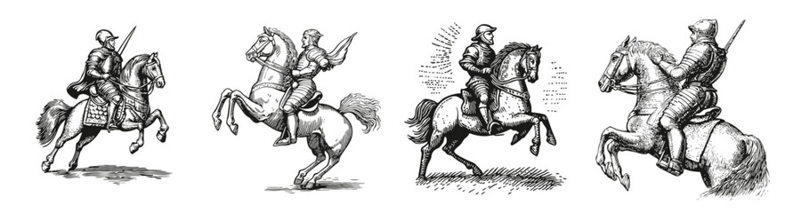 Historical Illustrations of Horse Riders in Various Poses and Actions, Logo Design, Hand drawing Engraving, Vector Illustration Isolated Object