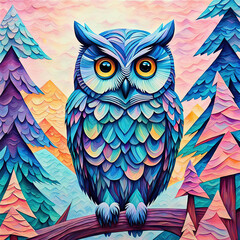 Obraz premium An imaginary pretty big-eyes owl in a pastel-colored geometric mountain forest pattern