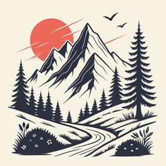 Adventure Mountain Silhouette with Pine Trees and Rising Sun Clean Vector T-Shirt Design