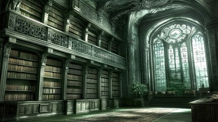 Fototapeta premium Enigmatic library interior showcasing ancient tomes amidst gothic architecture and lush forest backdrop creating a timeless atmospheric scene